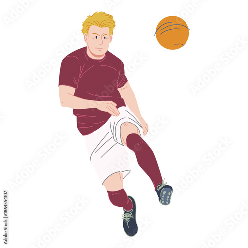 Illustration of a football player in a red jersey kicking the ball with precise calculations.