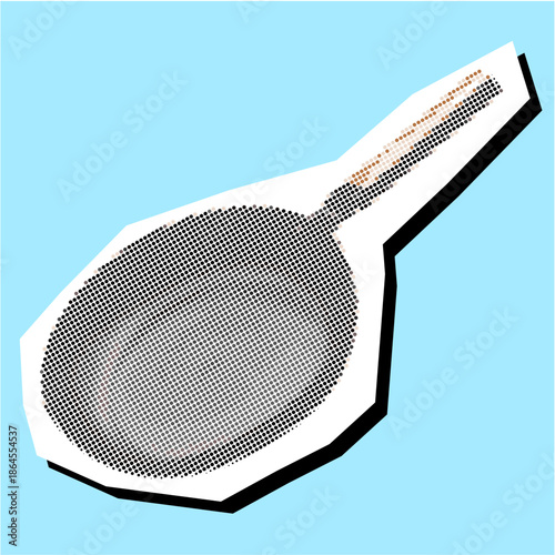 Frying pan Halftone Dotted Collage Element Pointillize in Paper Torn for restaurant menus. Ideal for cooking gear, skillets, and abstract kitchen illustrations.