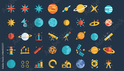 Astronomy Icons Set in Flat Style - Space and Planets Vector Illustration