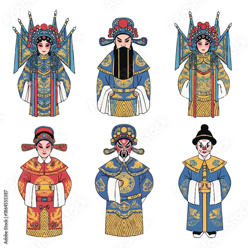 Chinese opera characters set featuring classic traditional costumes and dramatic makeup, presented as a vibrant 2D flat vector illustration isolated on a clean white background.