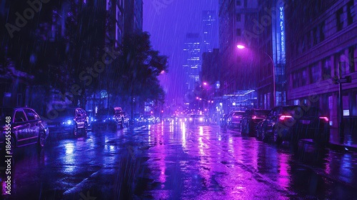 Rainy purple city street at night glowing neon reflections in puddles wet asphalt cinematic moody atmosphere urban scene ultra detailed