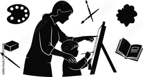 Happy mother's day illustration of mother and child creating art together