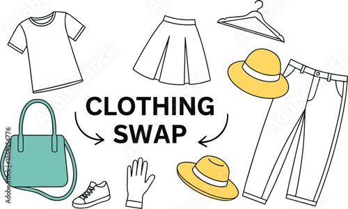 Clothing swap concept vector illustration with secondhand fashion items accessories and sustainable circular economy lifestyle