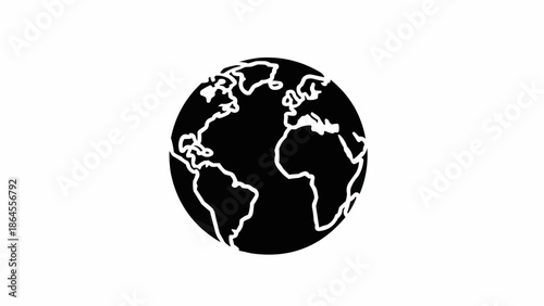 Black and White Globe Illustration Depicting Continents and Oceans.