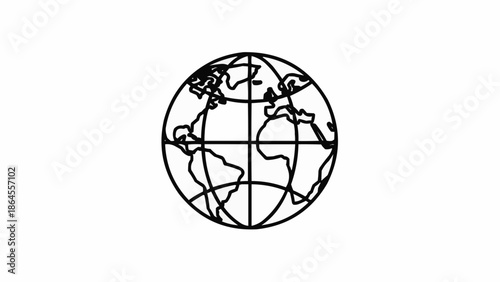 Monochrome Earth Globe Outline with Continents and Meridians.