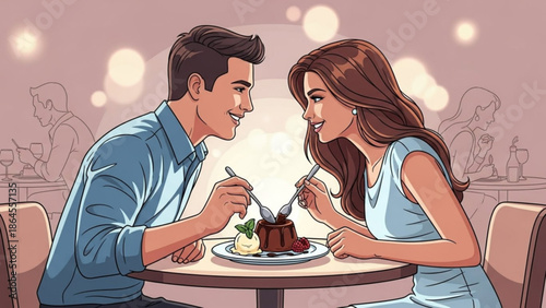Happy couple sharing chocolate cake in a restaurant, romantic dinner for two, smiling man and woman enjoying dessert together with couple sharing dessert