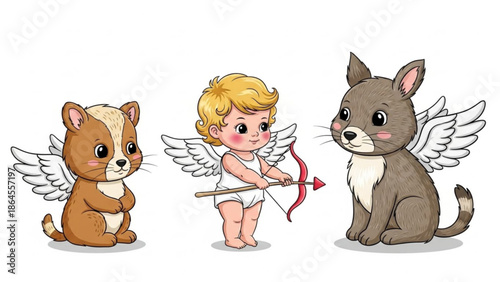 Adorable cartoon cupid with wings and arrow standing between two cute winged cat illustrations on white background with cats and love and valentines