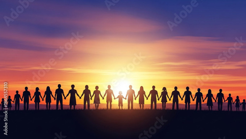 Diverse group of people holding hands in a line at sunset with a vibrant colorful sky with silhouette and community and humanity and diversity