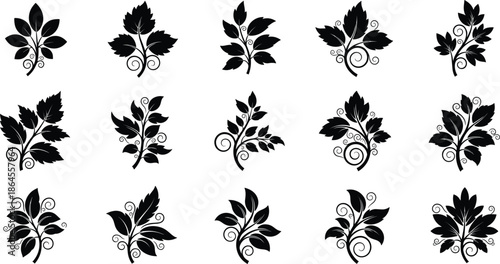 Decorative floral leaf silhouettes vector set with ornamental swirl branches for elegant botanical design projects