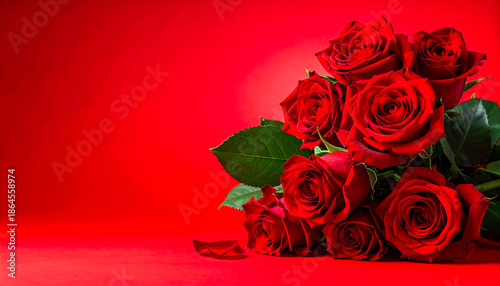 Red rose bouquet against bold red background, rich color and natural detail for romantic Valentine theme