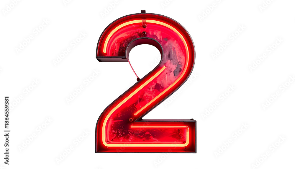 Fototapeta premium Illuminated number two rendered with bright red neon, showcasing a modern, vibrant aesthetic against black background