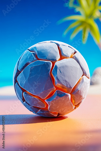 Cracked sphere in tropical landscape, palm tree background view