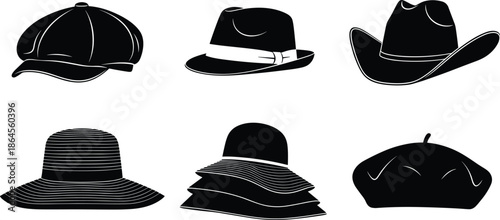 Fashion headwear silhouette set featuring fedora, cowboy hat, beret, and sun cap vector illustrations, isolated on white background for clothing design.