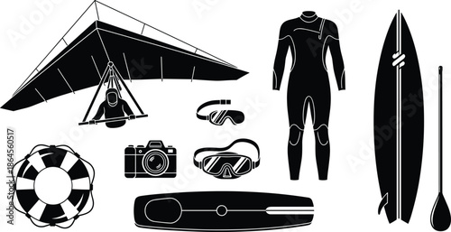 Extreme water and air sports equipment set, hang gliding surfing wetsuit goggles accessories, black vector illustration isolated for adventure recreation design