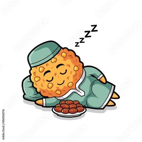 A cartoon cookie sleeps peacefully beside a plate of dates in a serene environment viewed from above