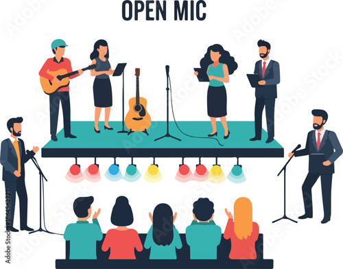 Open Mic Night Event with Musicians Performing on Stage