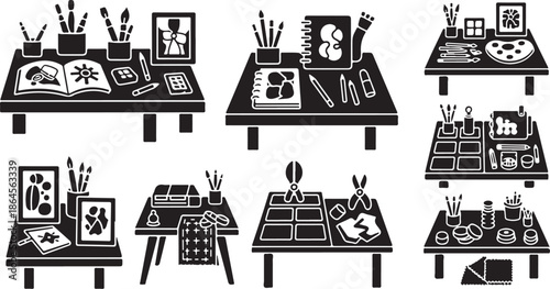 Various Artist Workstations with Supplies and Equipment Displayed