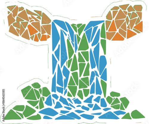 Geometric Mosaic Waterfall Illustration with Shattered Blue and Green Water Flowing