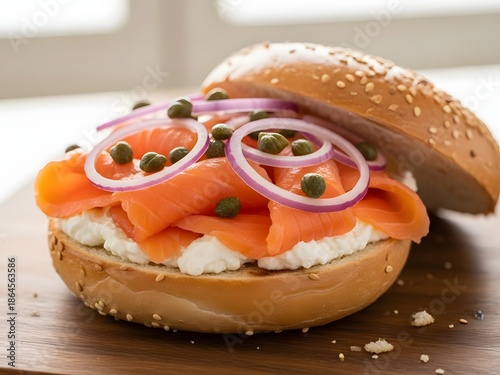 Smoked salmon bagel with cream cheese and capers
