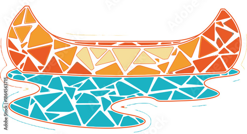 Colorful Mosaic Canoe Afloat in Blue Geometric Water Illustration