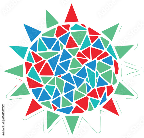 Vibrant Stained Glass Style Sun Symbol Made of Geometric Triangles