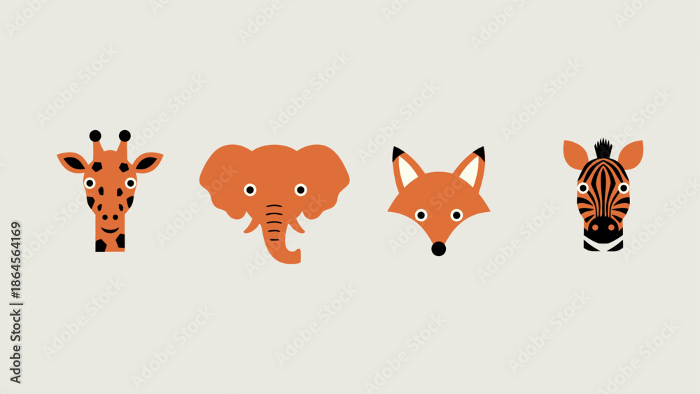 Fototapeta premium Safari Friends! Cute African animal heads in a flat geometric style