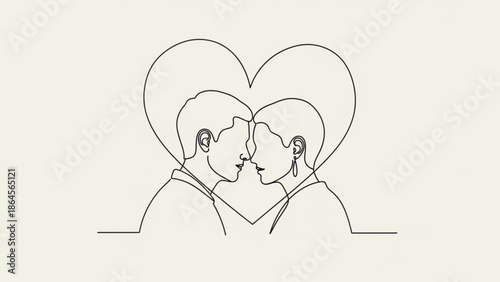 A minimalist line art illustration of a couple kissing in front of a heart