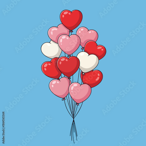 Vibrant heart shaped balloons floating in the air on blue background
