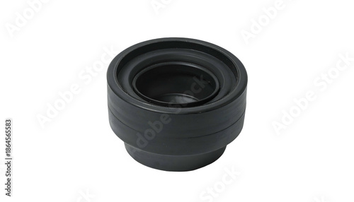 An isolated, black rubber or plastic component, cylindrical with inner rings. The object is slightly angled