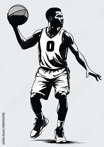 049-14-Male athlete playing basketball, performing a dynamic dribble move