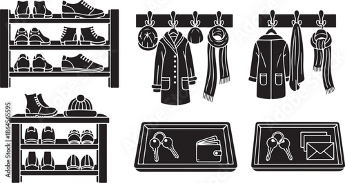 Black and white illustration of clothing and accessories collection