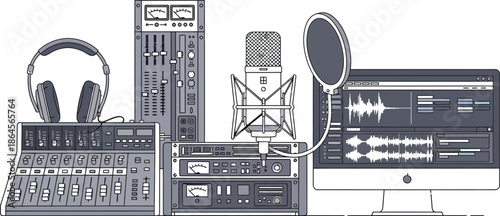 Essential professional audio recording and sound engineering equipment including a microphone mixing board headphones and digital audio workstation on display.