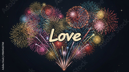 A vibrant heart-shaped fireworks display with the word Love in the center