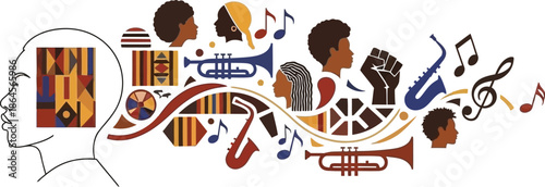 Abstract concept illustrating the rich flow of black culture heritage music history and artistic expression emanating from a thoughtful profile outline