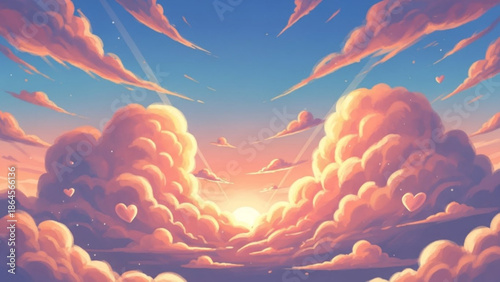 A vibrant cartoon illustration of a serene sunset with fluffy clouds and hearts in the sky