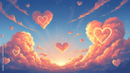 A vibrant digital illustration of heart-shaped clouds floating in a serene blue sky during sunset
