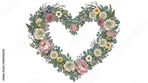 A beautiful floral heart shaped wreath with pink and white flowers and green leaves on a white background