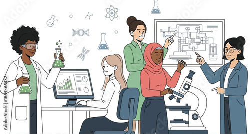 Diverse group of dedicated female scientists collaborating closely in a modern laboratory setting while conducting important scientific research and experimentation