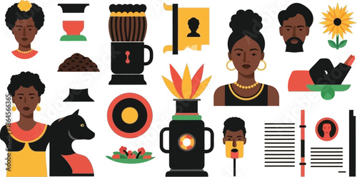 Collection of flat design icons representing diverse african culture elements including portraits, symbols, food items, and ceremonial artifacts for historical visual concepts