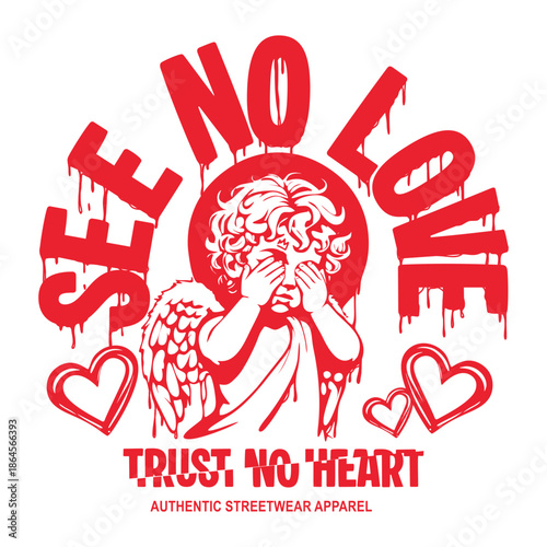 Cupid Angel graphic t-shirt with an edgy streetwear style. Modern illustration symbolizing love and heartbreak, ideal for urban fashion, youth streetwear, and print-on-demand apparel