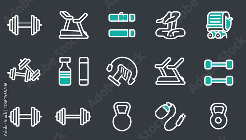 Fitness Icons Set Gym and Sport Equipment - Modern Line Art Vector Illustration