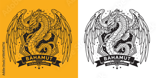 Bahamut Sea Dragon King Mascot Logo with Celestial Wings