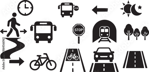 Transportation and traffic icons for navigation and direction guidance