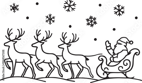 Santa claus in his sleigh pulled by reindeer with snowflakes falling