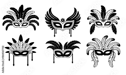 Collection of Carnival Masquerade Masks with Feathers, Black and White Vector Line Art of Elegant Venetian Masks, Festive Party and Mardi Gras Design Elements Isolated on White
