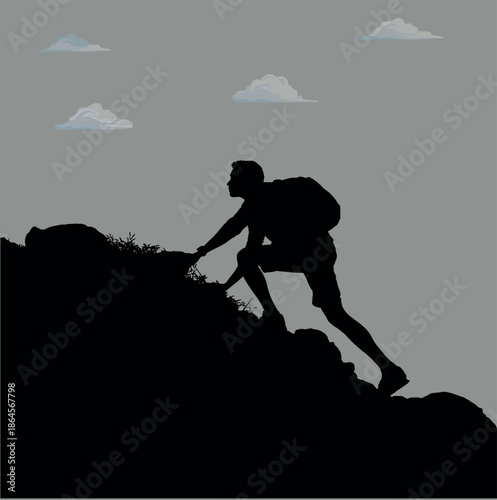 Man Climbing Steep Mountain Silhouette Hard Work and Effort Concept