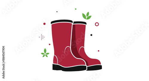 Pair of red rubber boots or wellies surrounded by simple green leaf accents symbolizes wet weather protection and garden work attire.