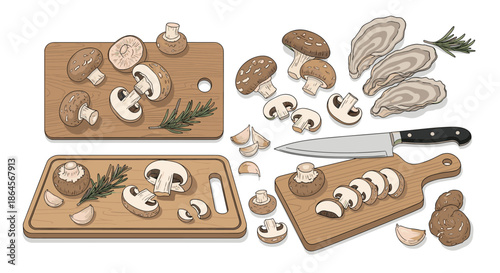 Preparation scene with various mushrooms and a knife on wooden cutting boards shows the process of cooking healthy vegetable ingredients.