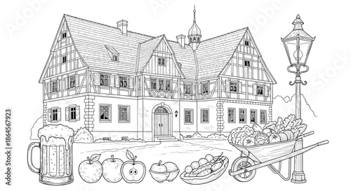 Intricate black and white drawing of a traditional timber framed house with farm produce highlights the architectural charm of rural life.