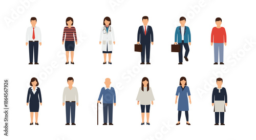 Diverse array of human character avatars representing different ages, genders, and professions from doctors to business people for design.